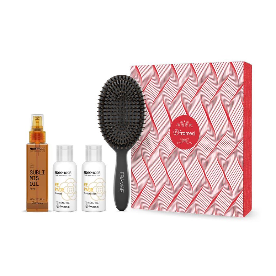 Vánoční balíček Morphosis | Sublimis olej 100 ml + mini set Repair šampon a kondicionér 50 + 50 ml + kartáč na vlasy