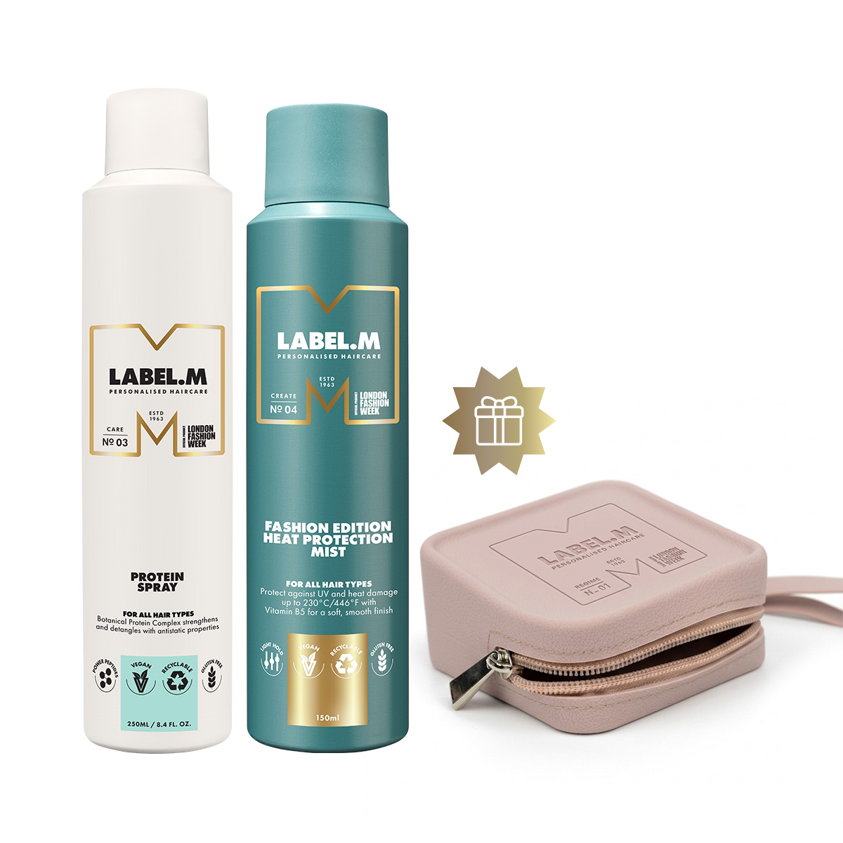 Akce Label.M | Termoochranný set - mlha chránící před teplem a protein sprej + růžové pouzdro jako dárek