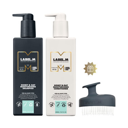 Akce Label.M | Výhodný set - hydratační šampon a kondicionér Honey & Oat  + masážní kartáč jako dárek