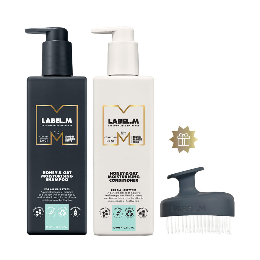 Akce Label.M | Výhodný set - hydratační šampon a kondicionér Honey & Oat  + masážní kartáč jako dárek